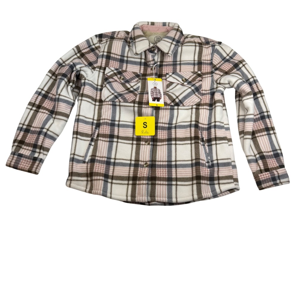 Sage Collective Women Plaid Fleece Shacket Faux Fur Lined Pink White Small NEW